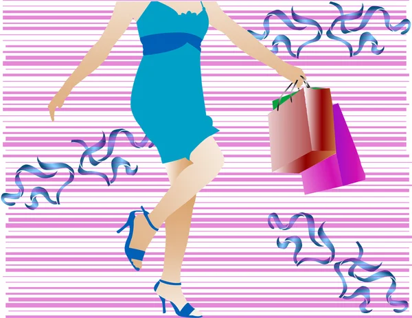 Alışveriş, mavi elbiseli kız — Stok Vektör