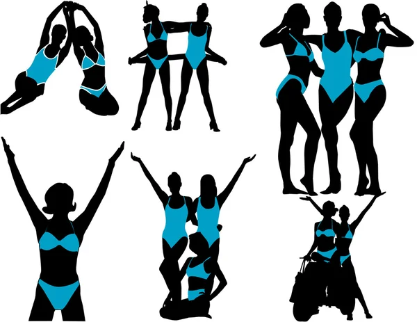 Siluety fitness žena v modrých swimwe — Stockový vektor