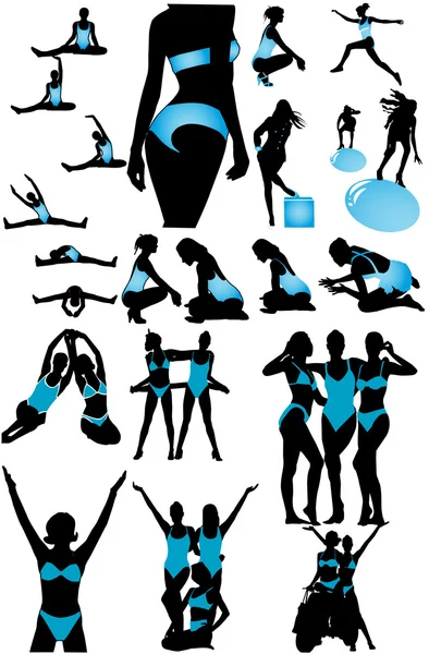 Силуэты фитнес-женщина в голубом купании — стоковый вектор