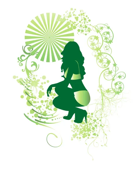 Zöld lány a zöld virágok — Stock Vector