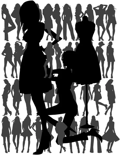 Silhouettes fashion girl with seamstress — Stock Vector