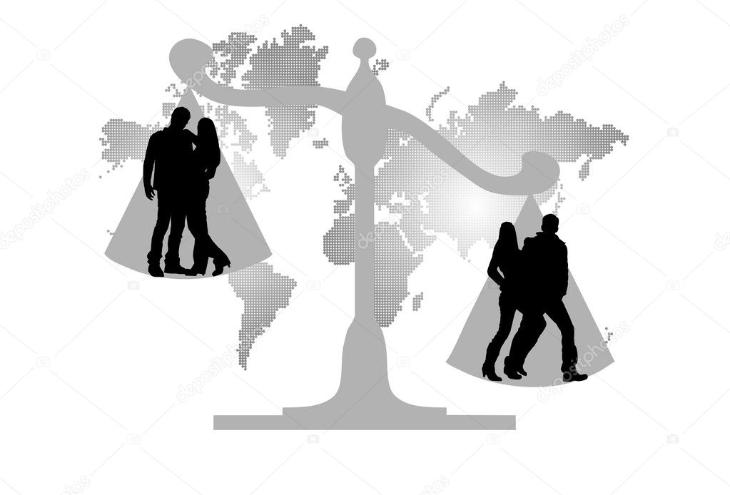 Silhouettes couple in justice scales