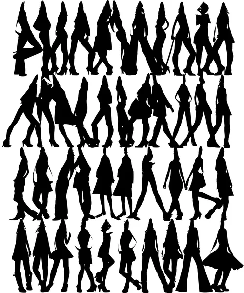 Genç ve mutlu kadını birçok silhouettes — Stok Vektör