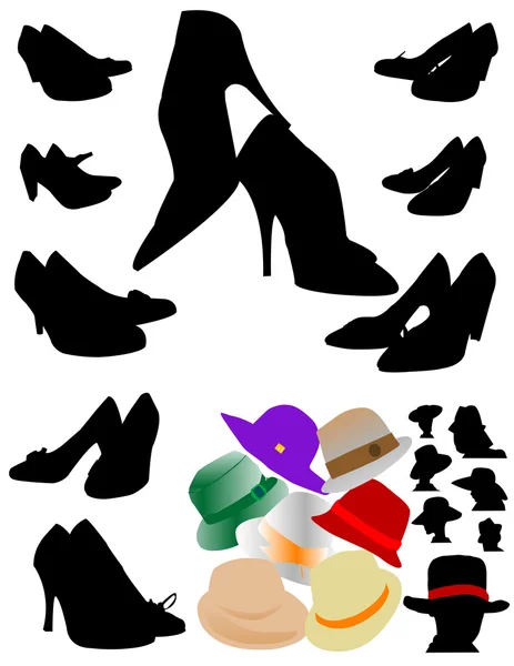 Silhouette di scarpe e cappelli neri — Vettoriale Stock