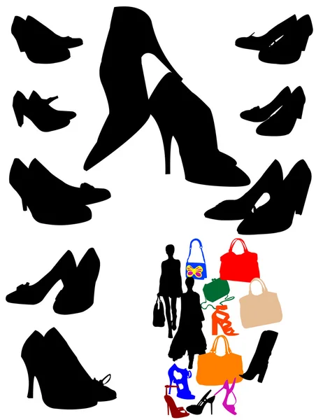 Silhuetas de sapatos pretos e compras — Vetor de Stock