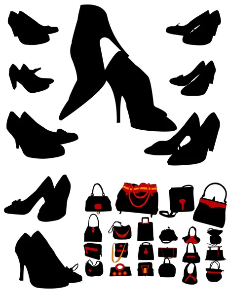 Siluety černé boty a kabelky — Stockový vektor