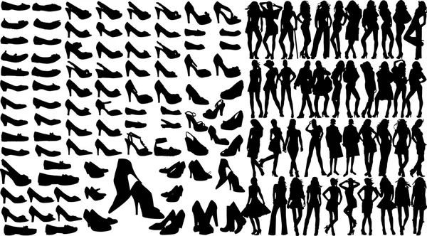 Muchas siluetas zapatos y mujeres — Archivo Imágenes Vectoriales