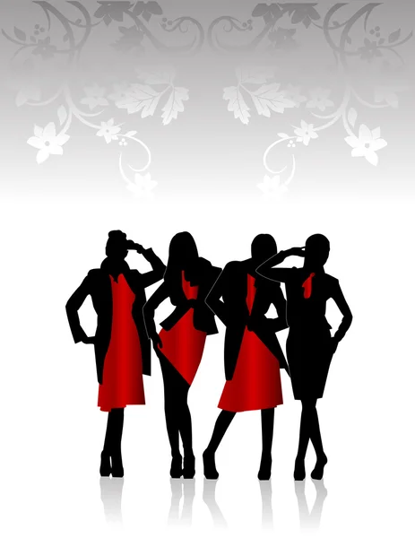 Siluety dívek v červených šatech — Stockový vektor