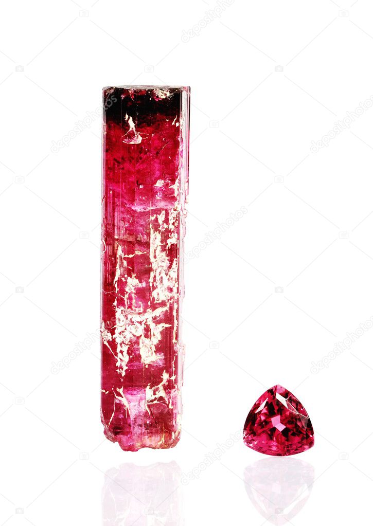 Rubellite tourmaline crystal and gem