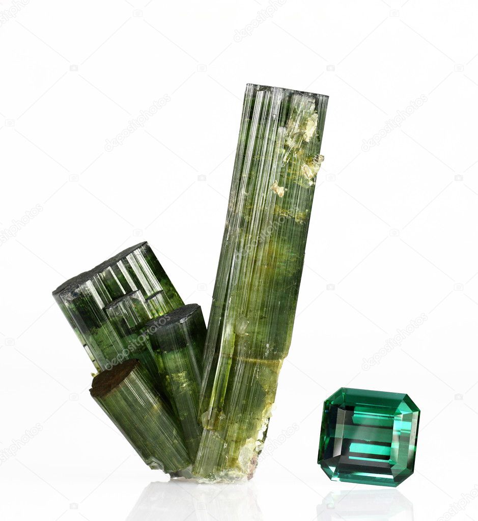 Verdite tourmaline crystals and gem