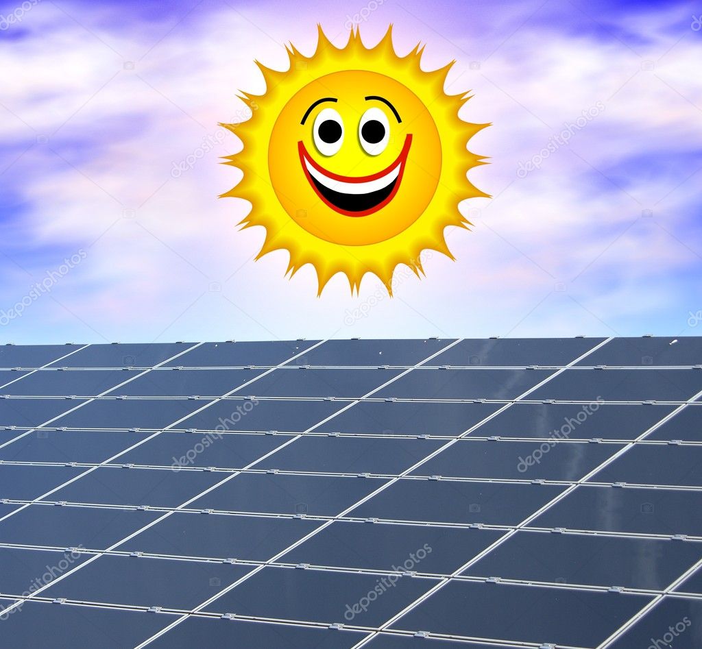 Solar panel against a smiling sun