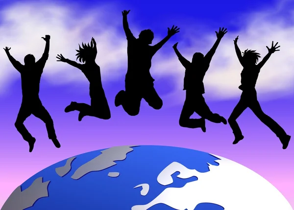 Счастливые прыжки через планету — стоковое фото