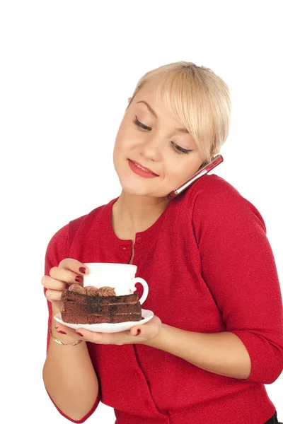Женщина с телефоном и колпачком кофеина — стоковое фото