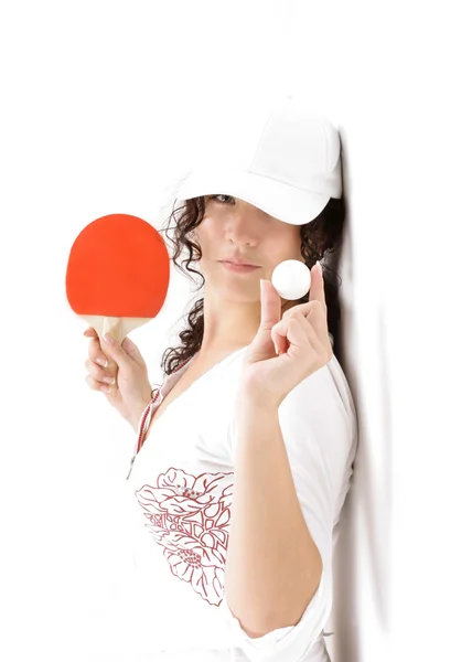 Женщина с ракеткой для настольного тенниса — стоковое фото