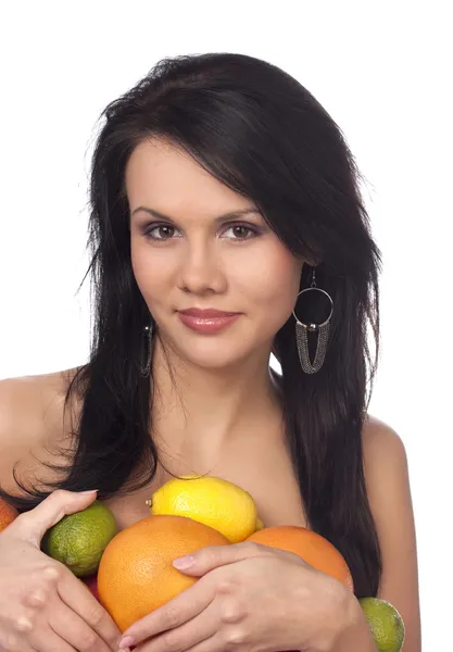 柑橘的美丽黑发女人 — 图库照片
