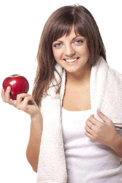 Nő vörös almával — Stock Fotó