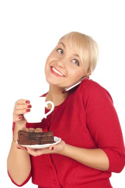 Woman holding a phone and cap of cof clipart