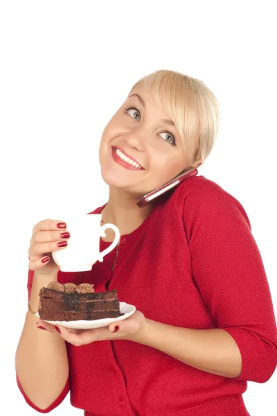 Женщина с телефоном и колпачком кофеина — стоковое фото