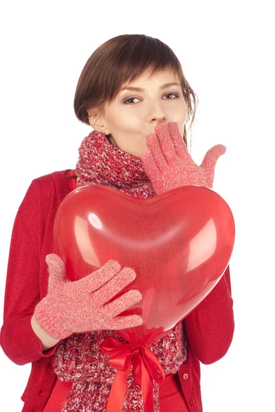 红色的心气球的女人 — 图库照片