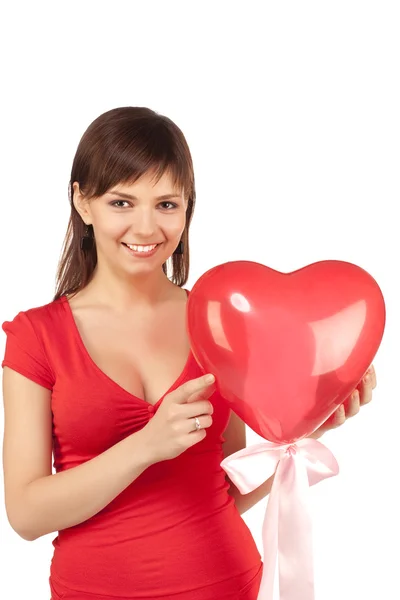 Flicka med rött hjärta ballong — Stockfoto