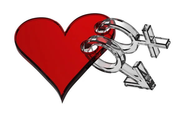 Glass sex symbol linked with red heart — Stock Photo, Image