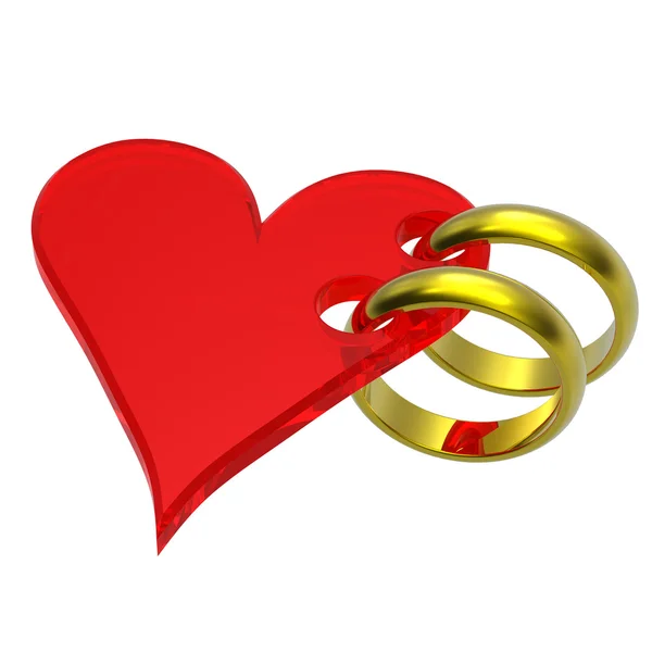 两个黄金结婚戒指用红色的心 — 图库照片