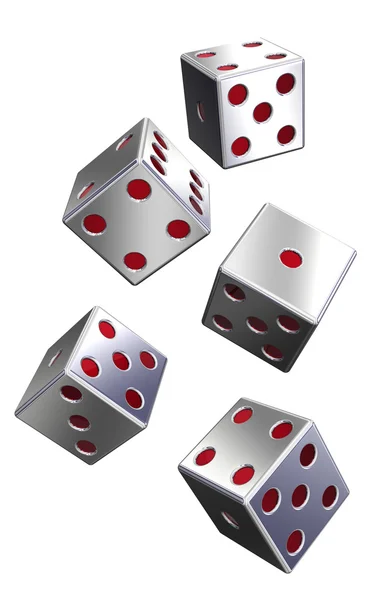 Five silver dices isolated on white — Stock Photo, Image