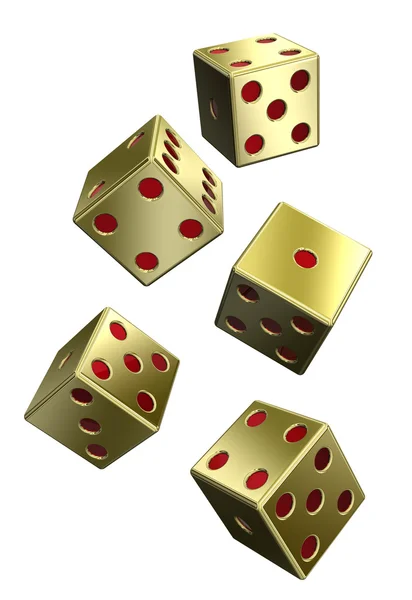 Five gold dices isolated on white — Stock Photo, Image