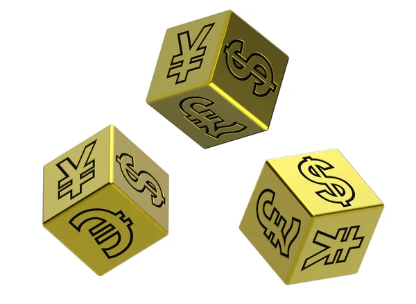 Три золотых кубика с деньгами — стоковое фото