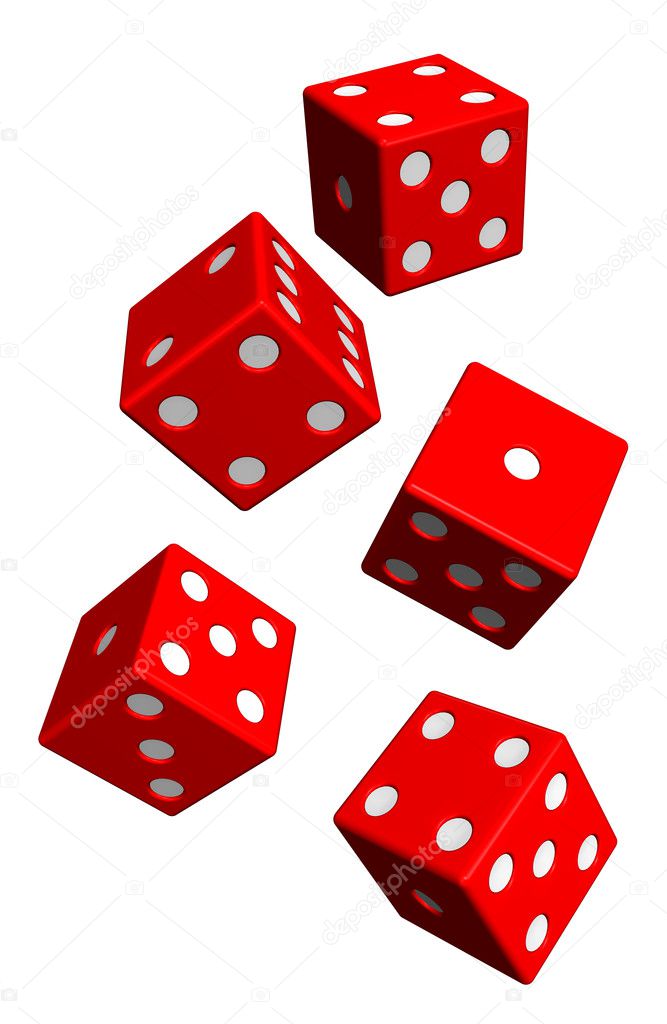 Five red dices isolated on white
