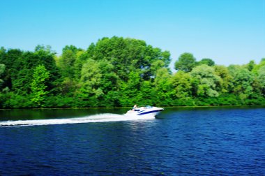 Speedboat cruising in the river clipart