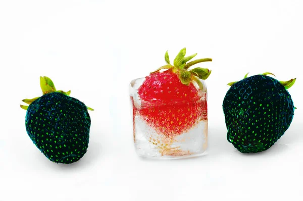 One not bad strawberry into ice — Stock Photo, Image
