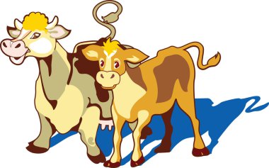 A cow and her calf on a meadow clipart