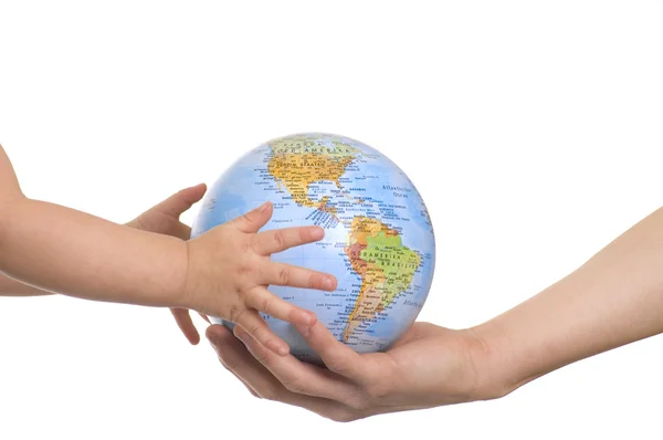 Globe in babys hands. — Stock Photo, Image