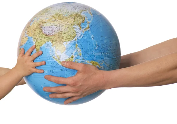 Globe in baby's hands. — Stock Photo, Image