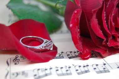 Red rose and its petals, ring on music sheet clipart