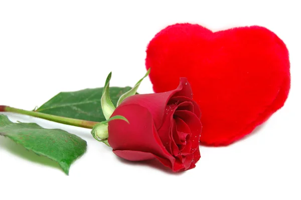 Fabric red heart and deep red rose — Stock Photo, Image