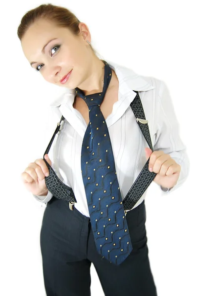 Flicka i manliga kostym, slips och hängslen — Stockfoto