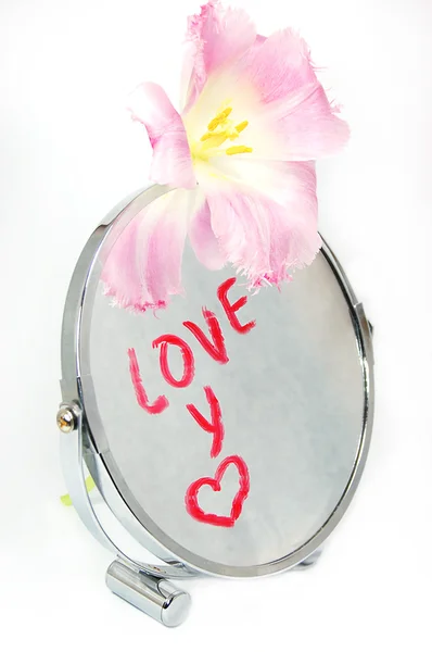 Αγάπη έννοια, λέξεις της αγάπης που γράφτηκε στον καθρέφτη με λουλούδι — Φωτογραφία Αρχείου