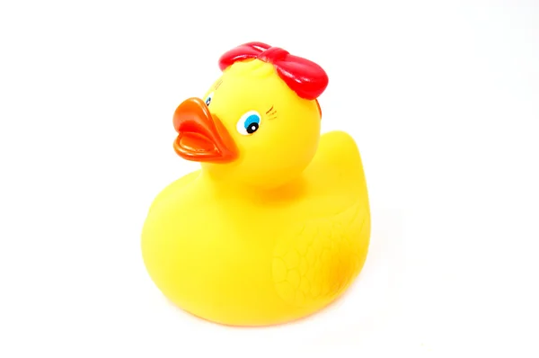 Pato amarelo de borracha isolado em branco — Fotografia de Stock