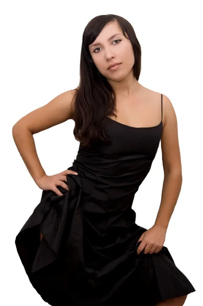 Mooie brunette in zwarte jurk — Stockfoto