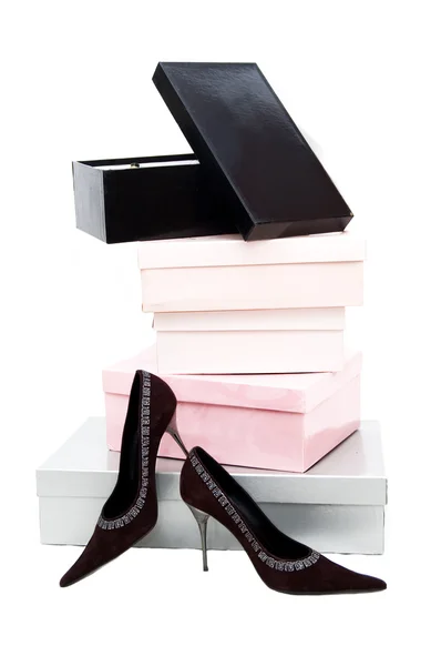 Krabice a žena boty — Stock fotografie