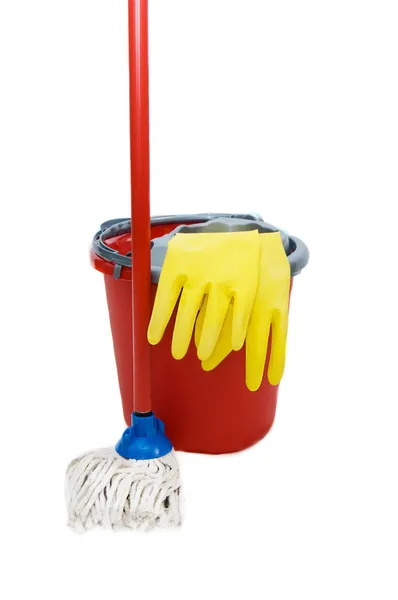 Pamuklu çubuk, kova ve temizlik için eldiven — Stok fotoğraf