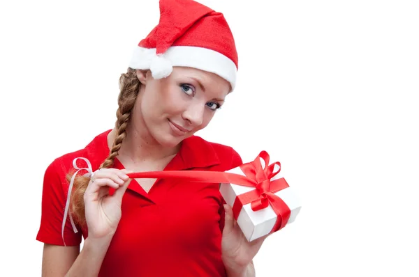 Froher Weihnachtsmann Helfer öffnet Geschenkbox — Stockfoto