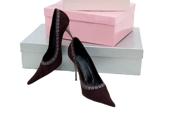 Dobozok és cipő barna nő흰 바닥에 빛나는 컬러 링 — Stock Fotó