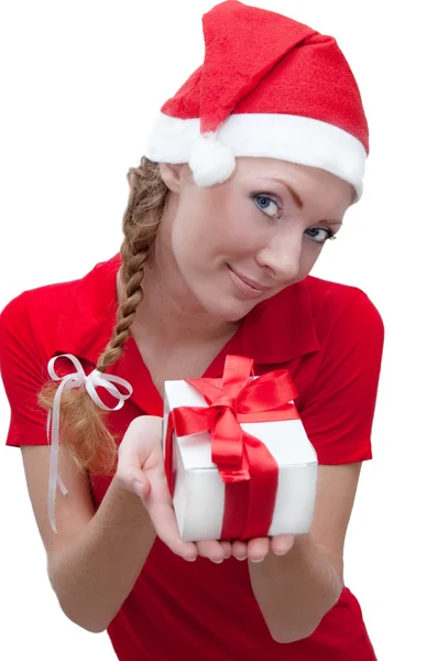 Glada santa helper med nuvarande låda — Stockfoto