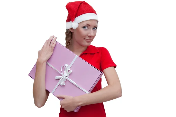 Ayudante alegre de Santa con la caja presente — Foto de Stock