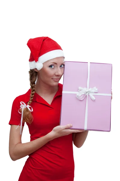 Ayudante alegre de Santa con la caja presente — Foto de Stock