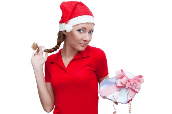 Joyful Santa helper with present box — Stock Photo, Image