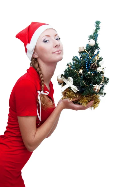 Santa helper met kerstboom — Stockfoto